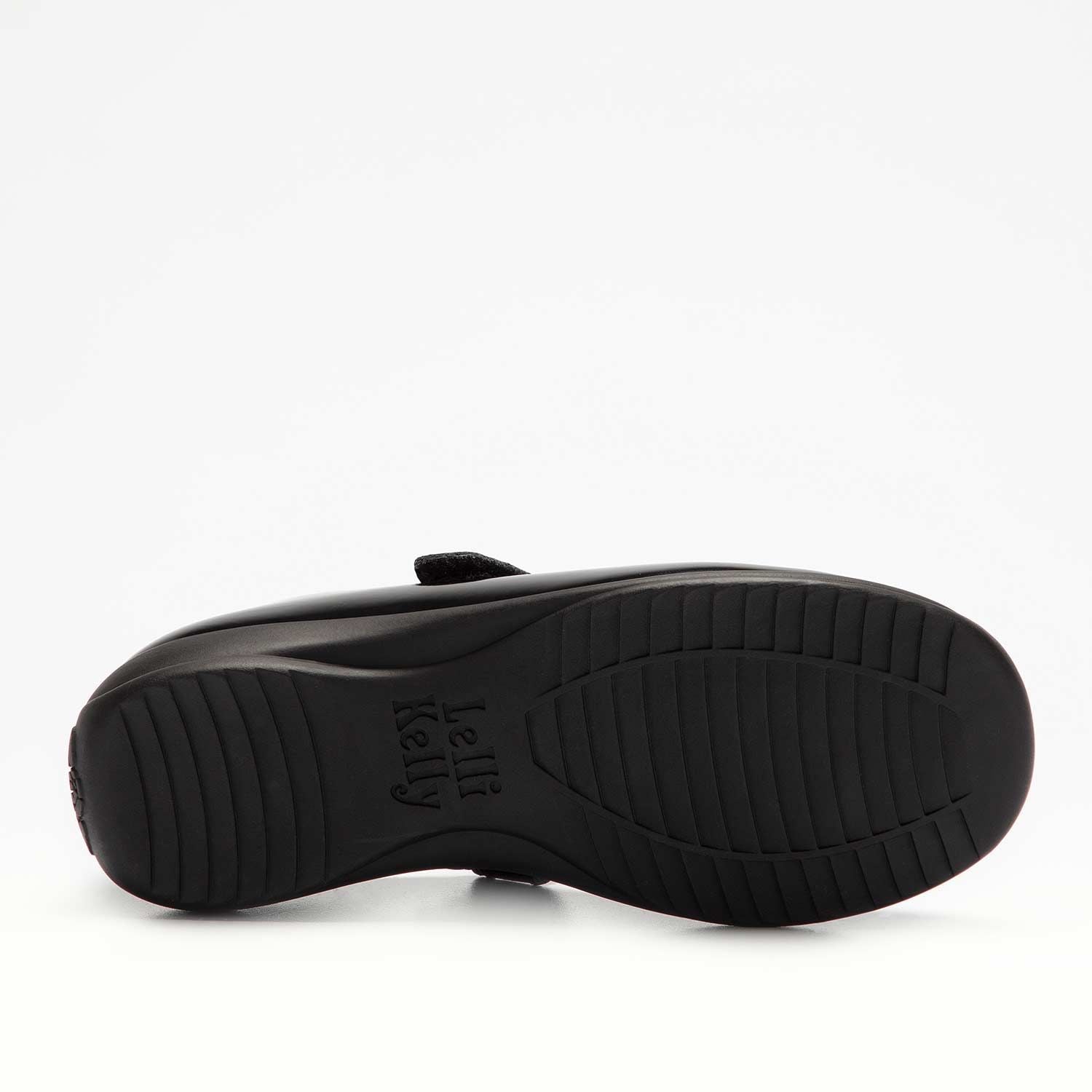 A girls Mary jane school shoe by Lelli Kelly, style Bella 2 in, black patent with velcro fastening. Sole view.