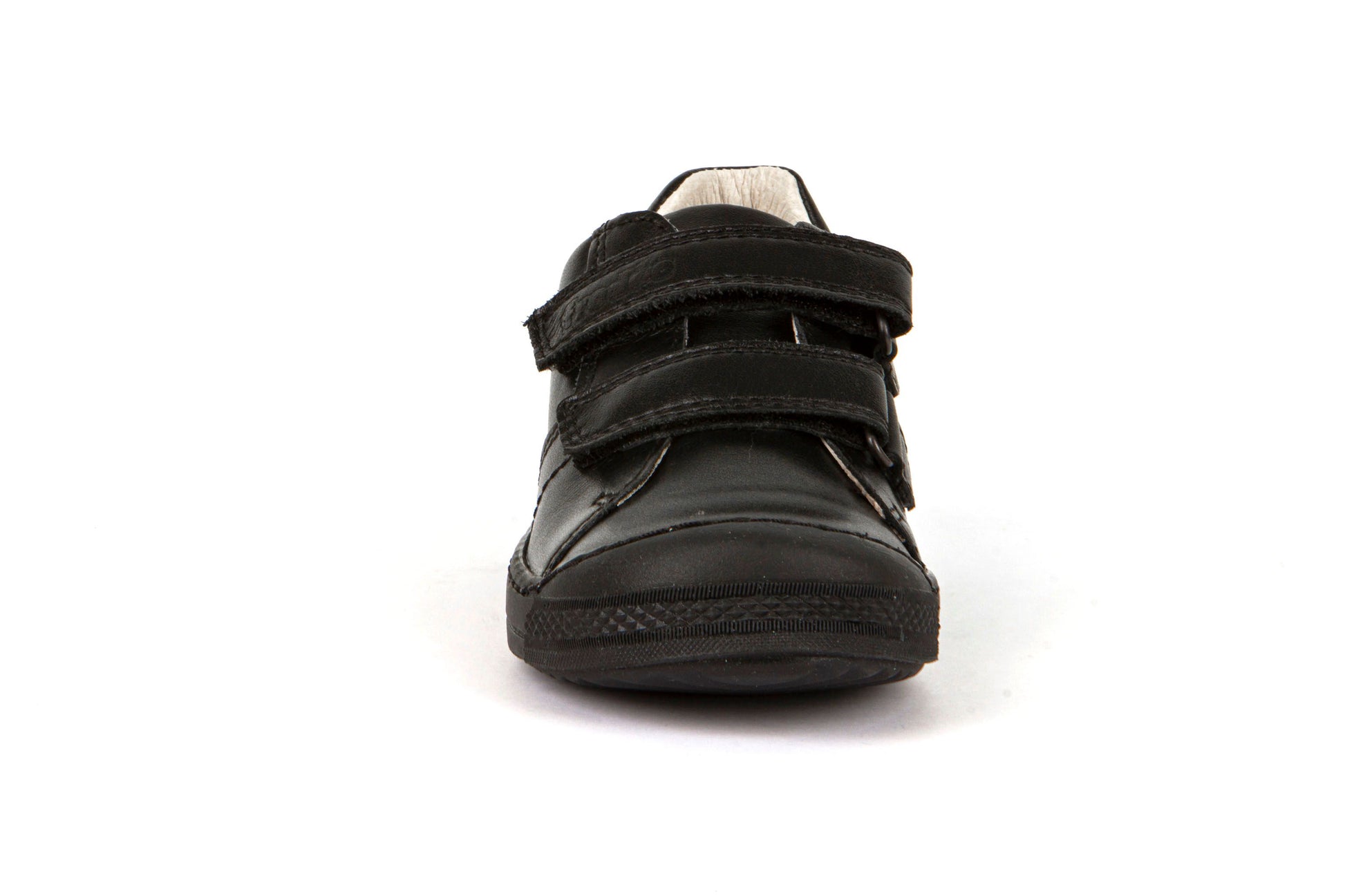 A boys school shoe by Froddo, style Mikoro, in black with double velcro fastening.  Front view.
