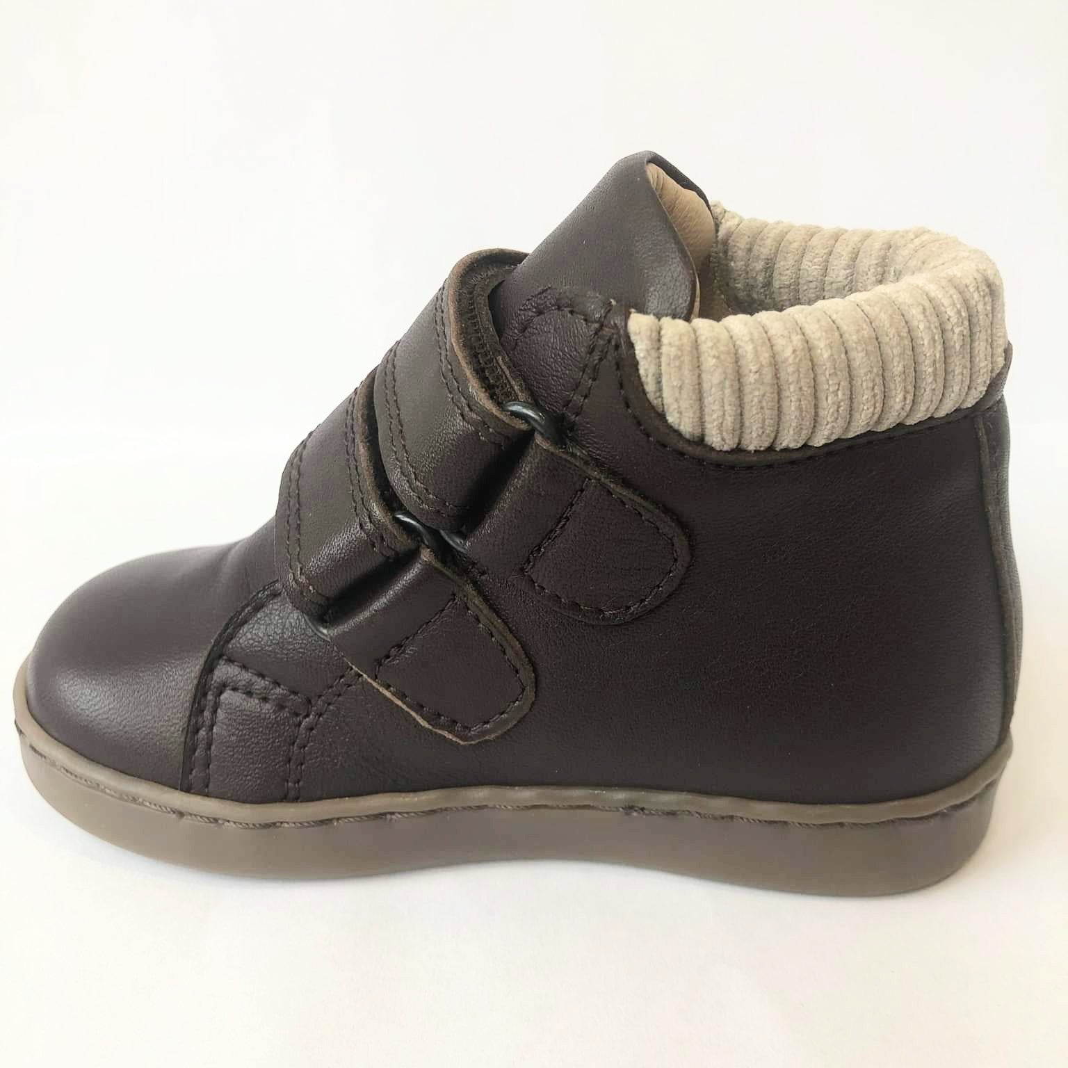 A boys ankle boot by Petasil, style Grange, in Brown leather with double velcro fastening. Left side view.