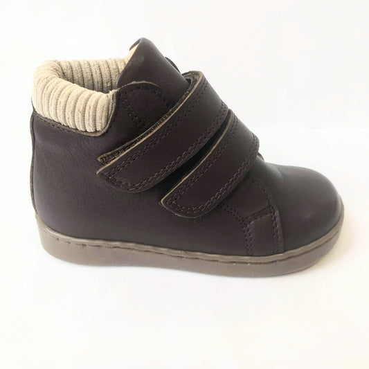 A boys ankle boot by Petasil, style Grange, in Brown leather with double velcro fastening. Right side view.