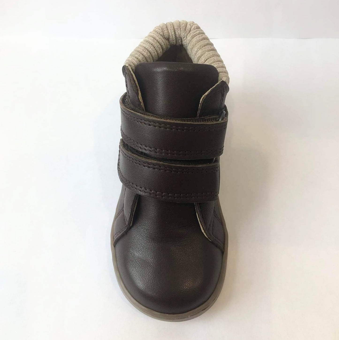 A boys ankle boot by Petasil, style Grange, in Brown leather with double velcro fastening. Top view.