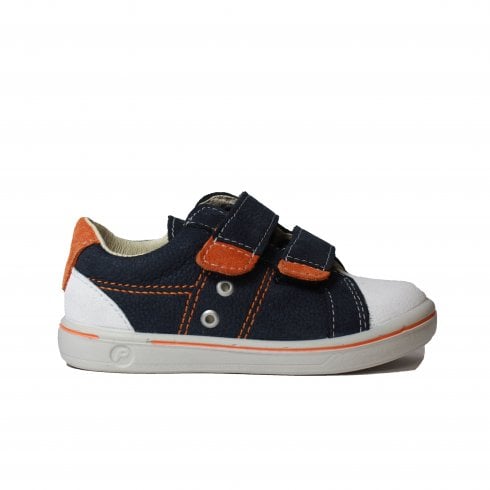 A boys casual shoe by Ricosta, style Nippy, in Navy an Orange Nubuck/suede. Right side view.