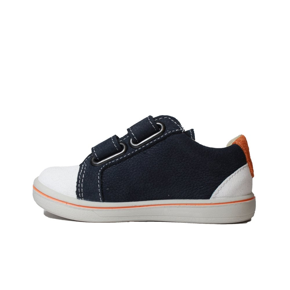 A boys casual shoe by Ricosta, style Nippy, in Navy an Orange Nubuck/suede. Inner side view.