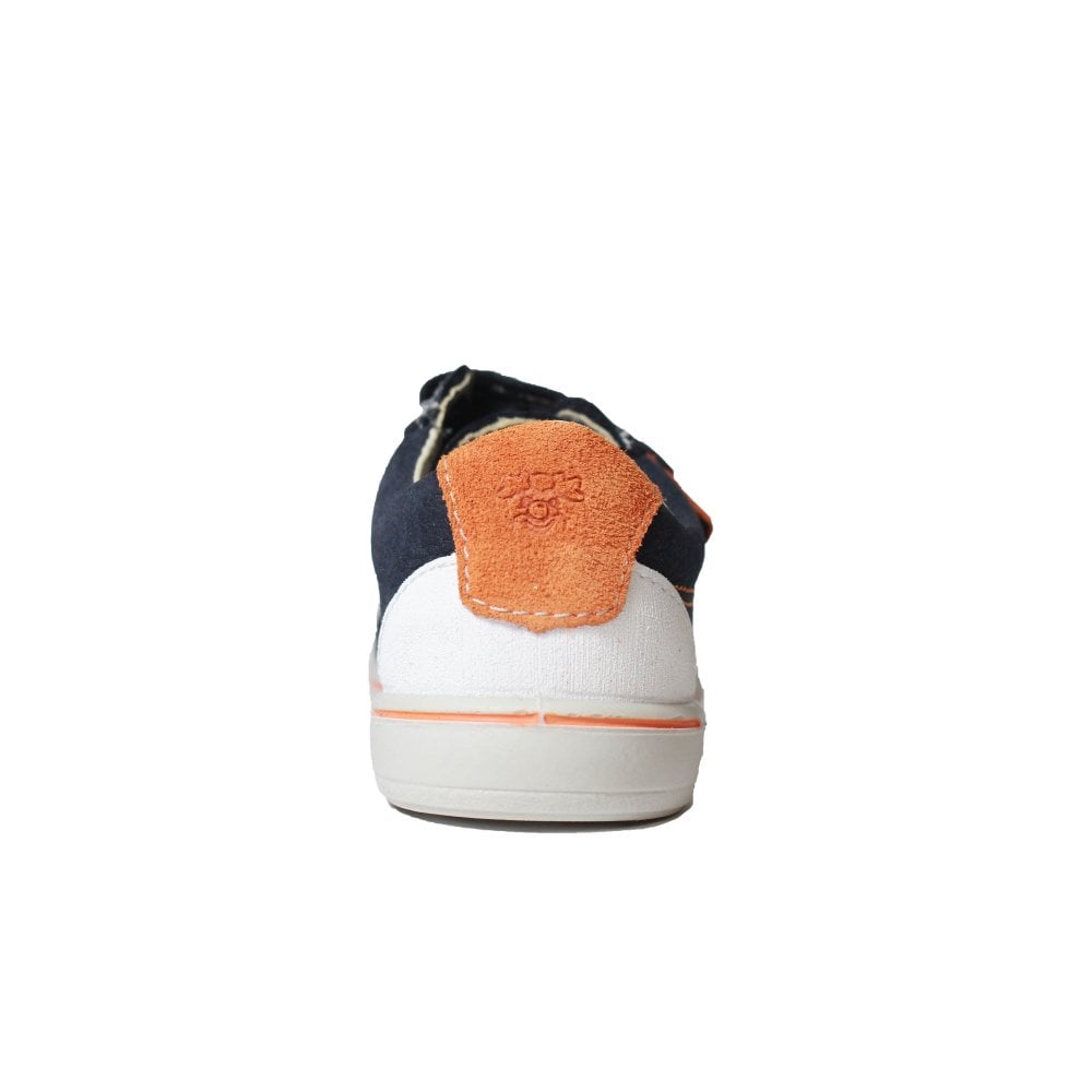 A boys casual shoe by Ricosta, style Nippy, in Navy an Orange Nubuck/suede. Back view.