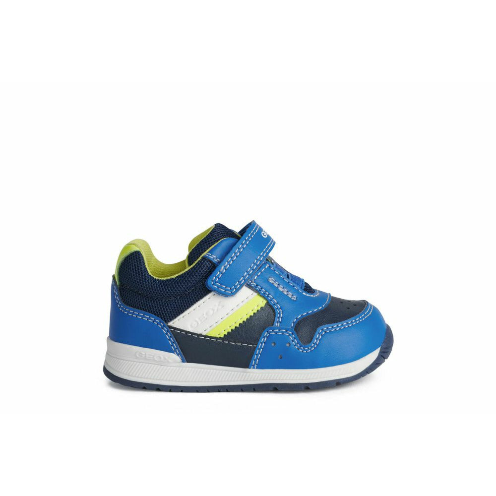 A boys casual trainer by Geox, style Rishon, in blue, yellow and white with velcro fastening .Right side view.