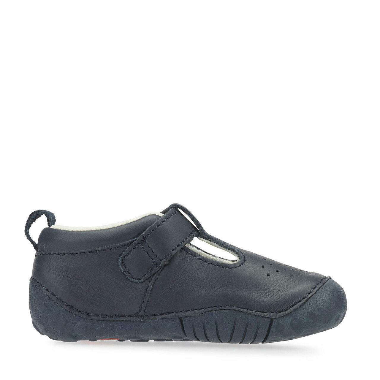 A boys T-Bar shoe by Start-Rite, style Baby Jack, in navy leather with punch out detail and buckle fastening. Left side view.