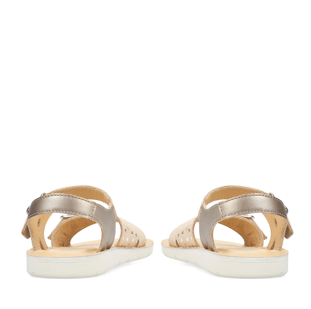 A pair of girls sandals by Start Rite ,style Enchant, in gold leather with buckle fastening. Back view.