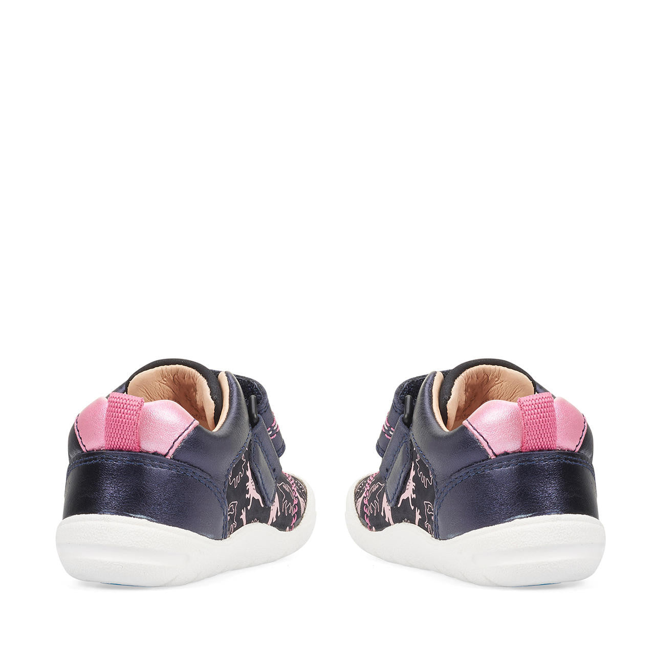 A pair of girls casual shoes by Start Rite, style Footprint, in navy and pink nubuck and leather with velcro fastening. Back view.