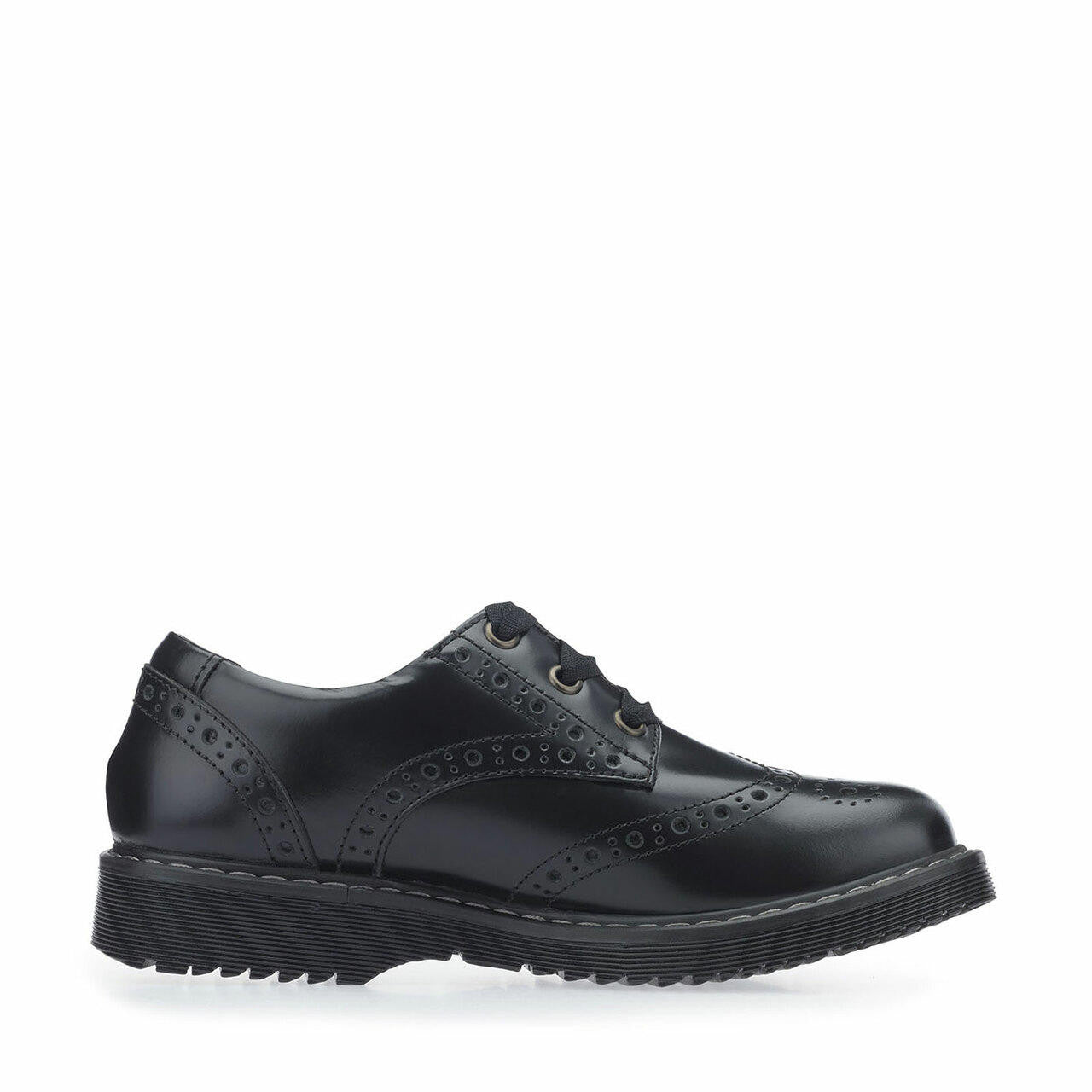 A Start-Rite school shoe,style Impulsive, in black leather with lace up fastening. Right side view.