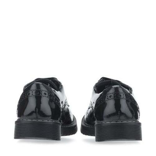A pair of girls school shoes by Start Rite, style Impulsive, in black patent with lace up fastening. Back view.