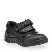 A boys school shoe by Start Rite,style Luke, in black leather with double velcro fastening. Angled view.