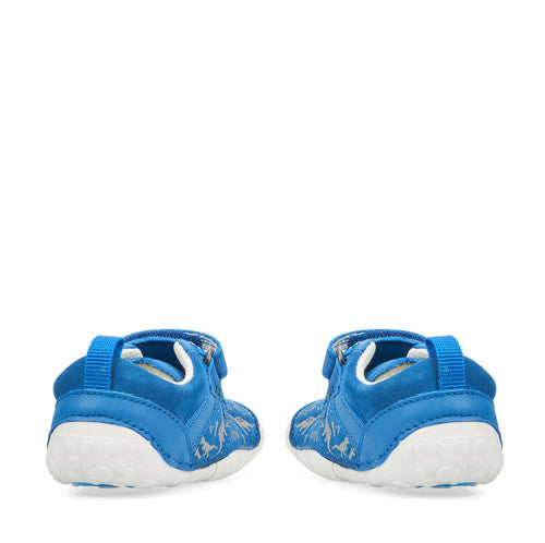 A pair of boys pre walkers by Start Rite, style Roar, in blue and grey nubuck with double velcro fastening. Back view