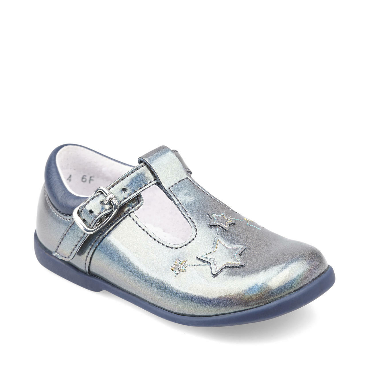 A girls t-bar shoe by Start Rite, style Star Gaze,in dark silver patent with buckle fastening. Angled view.