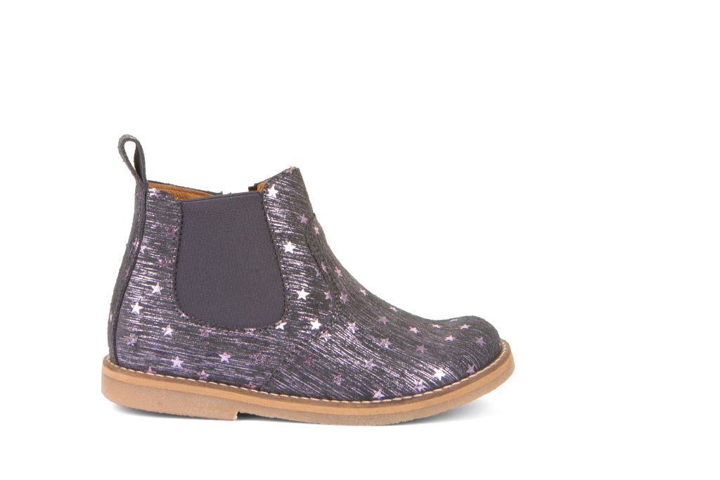 A girls chelsea boot by Froddo, style Chelys Low  G3160174-4  in Grey and Metallic Star Print. Right side view.