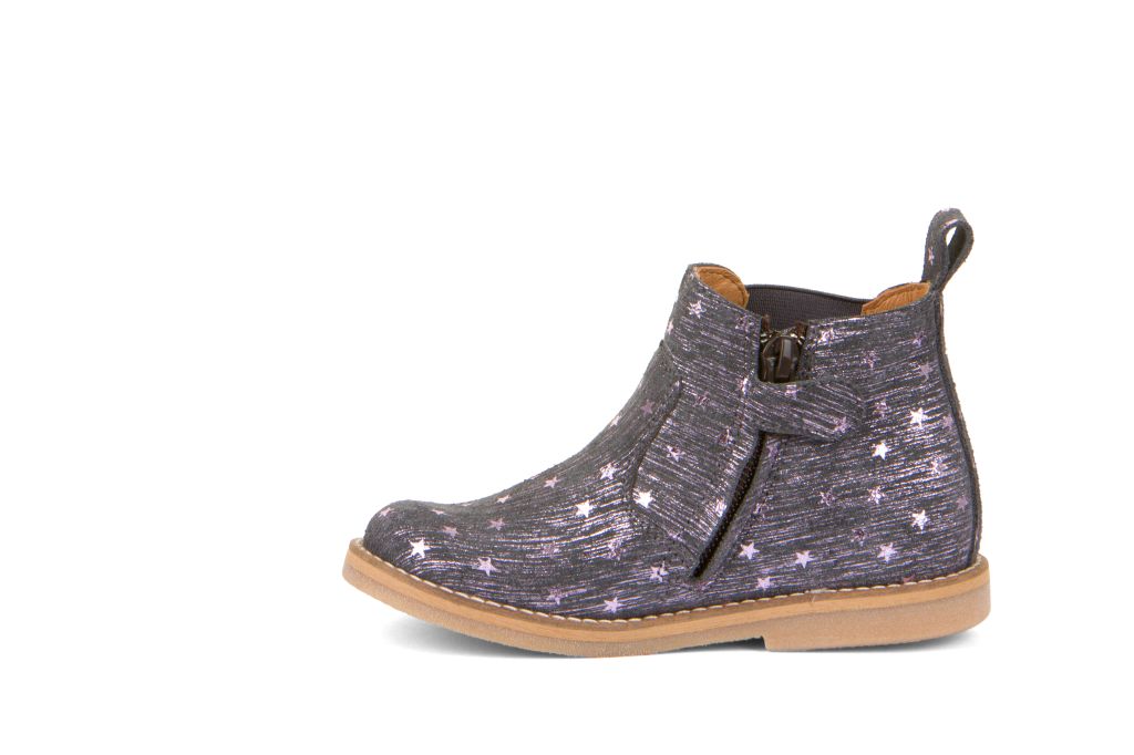 A girls chelsea boot by Froddo, style Chelys Low  G3160174-4  in Grey and Metallic Star Print. Left side view.