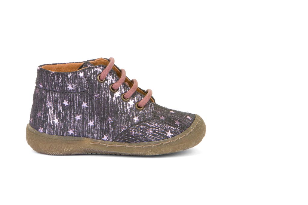 A girls boot by Froddo, style Kart Laces | G2130271-3 in Grey Metallic with star print and lace-up fastening. Right side view.