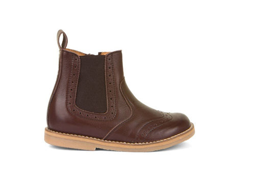 A unisex chelsea boot by Froddo, style Chelys Brogue  G3160173-4  in Dark Brown. Right side view.