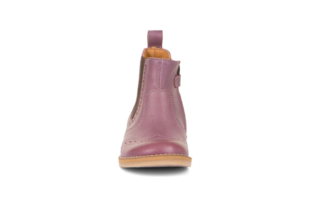 A girls chelsea boot by Froddo , style is Chelys Brogue  G3160173-9 in Lavender. Front view.
