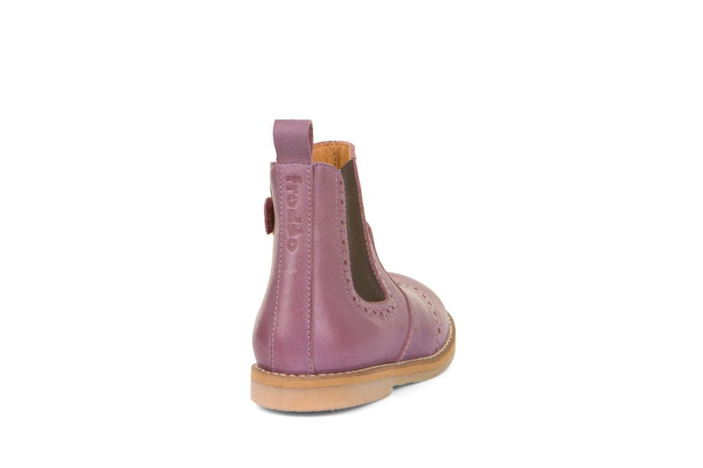 A girls chelsea boot by Froddo , style is Chelys Brogue  G3160173-9 in Lavender. Back side view.