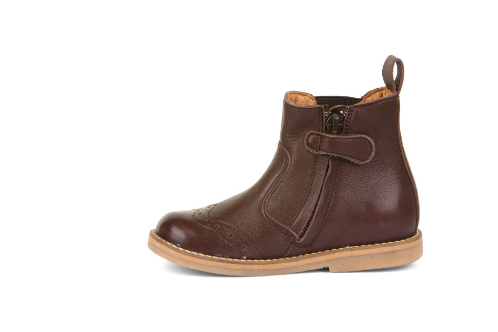 A unisex chelsea boot by Froddo, style Chelys Brogue  G3160173-4  in Dark Brown. Left side view.