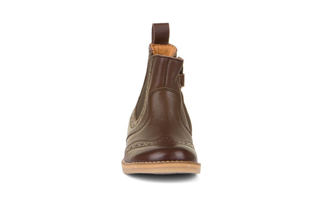 A unisex chelsea boot by Froddo, style Chelys Brogue  G3160173-4  in Dark Brown. Front view.