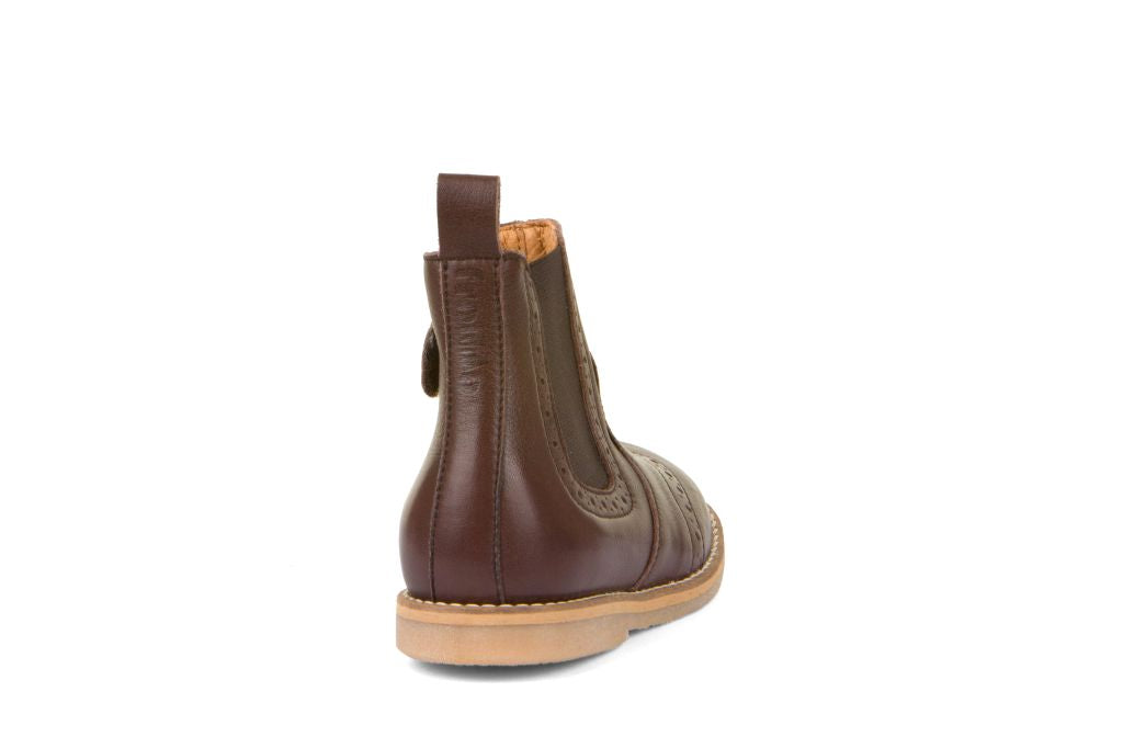 A unisex chelsea boot by Froddo, style Chelys Brogue  G3160173-4  in Dark Brown. Back view.