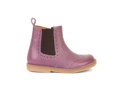 A girls chelsea boot by Froddo , style is Chelys Brogue  G3160173-9 in Lavender. Right side view.