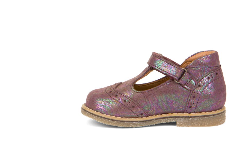 A girls shoe by Froddo, style Elis G2140059-3 in Purple metallic with velcro fastening. Left Side view.