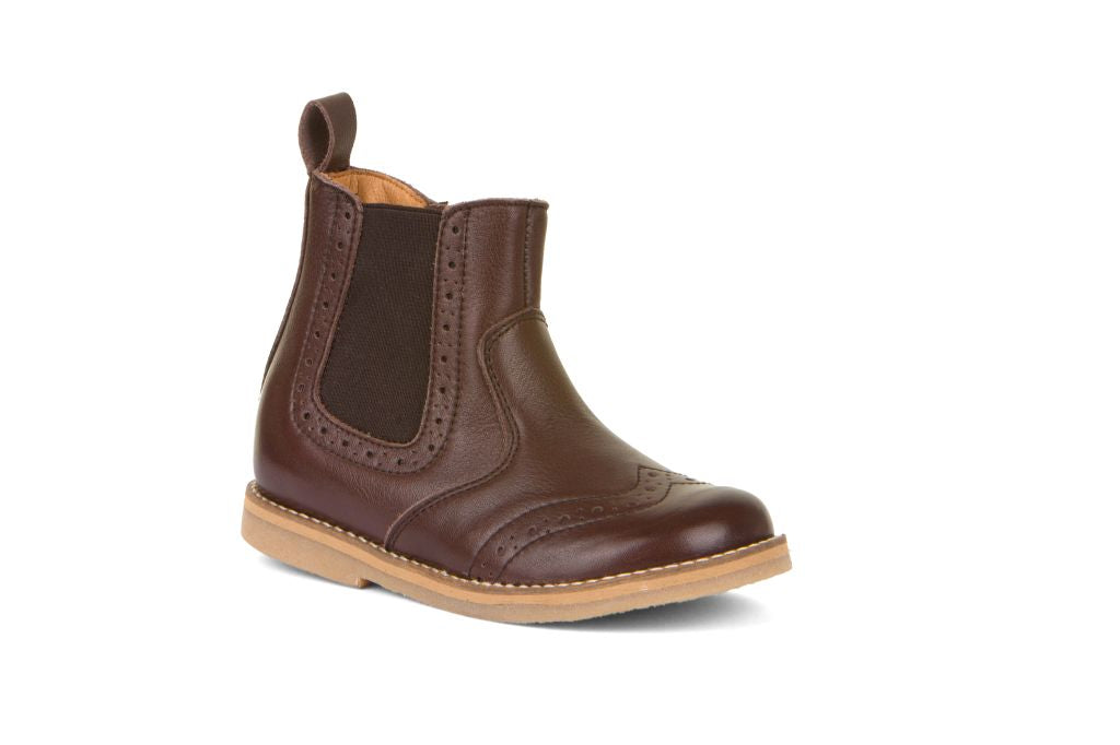 A unisex chelsea boot by Froddo, style Chelys Brogue  G3160173-4  in Dark Brown. Right front view.