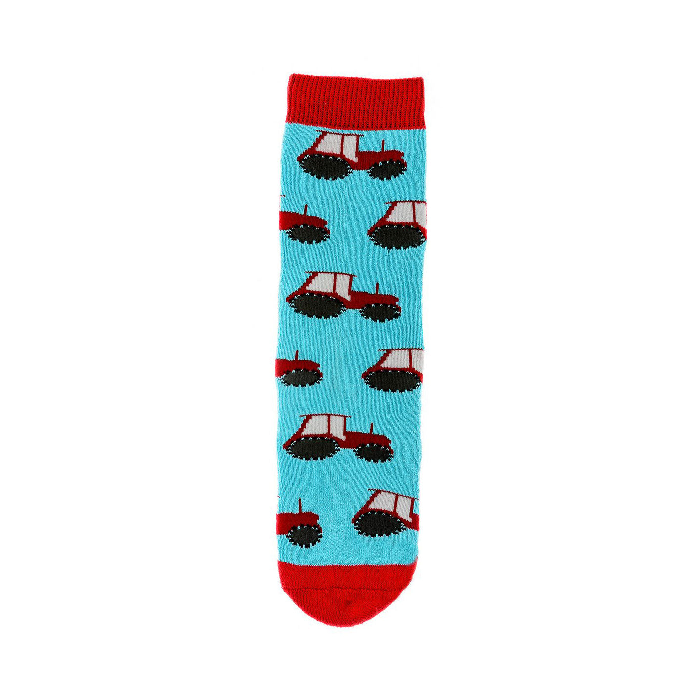 A mini sock by Squelch, style Tractor, in teal and red multi. Front view