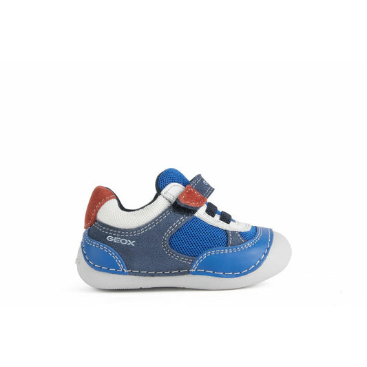 A boys pre walker by Geox, style Tutim, in blue, white and red with velcro fastening. Right side view.