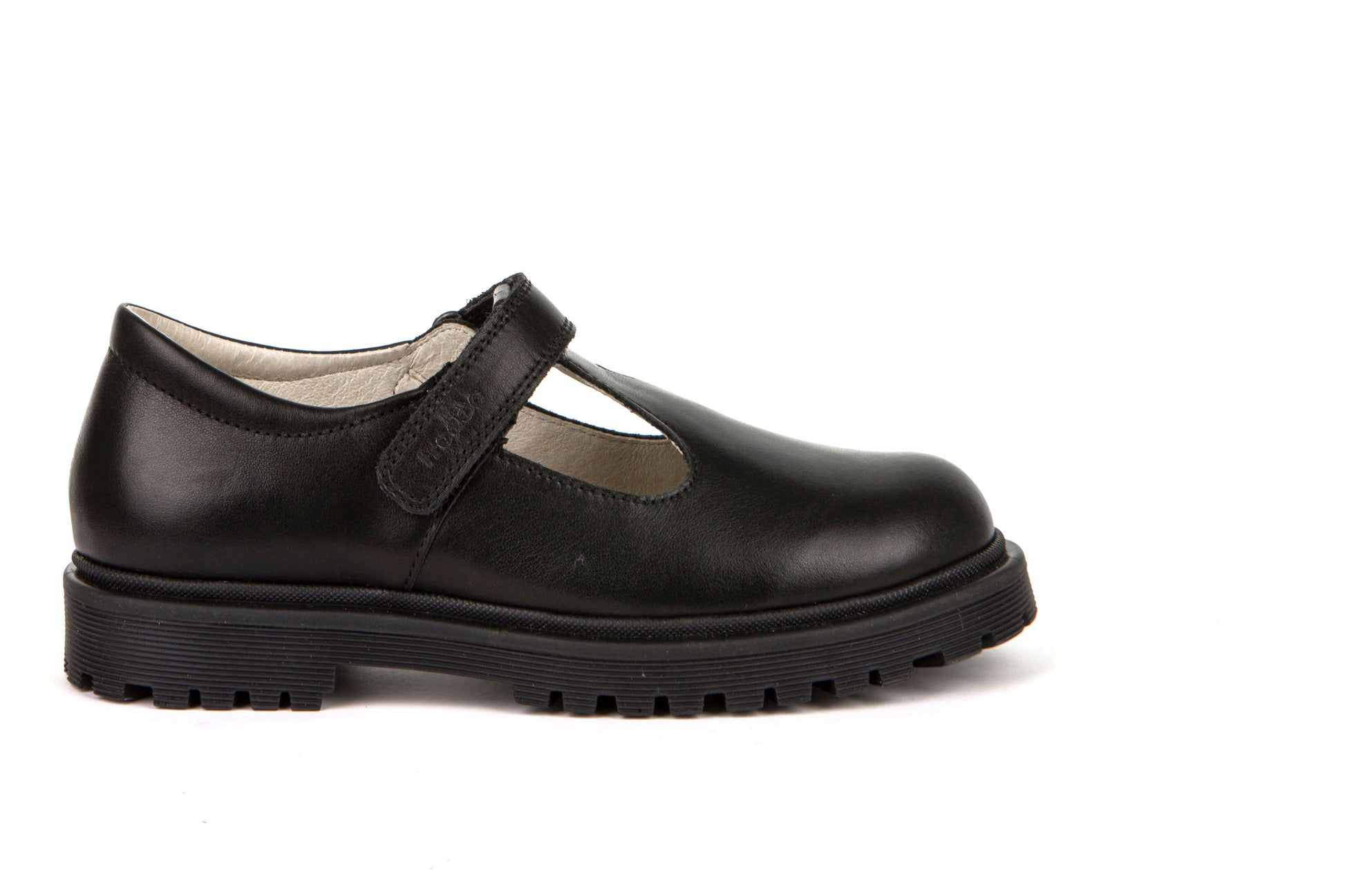 A girls T Bar school shoe by Froddo, style Lea T, in black leather with velcro fastening. Right side view.