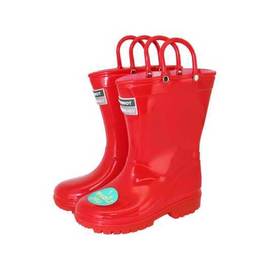 A pair of unisex light up wellies by Town and Country, in red gloss. Left side view.