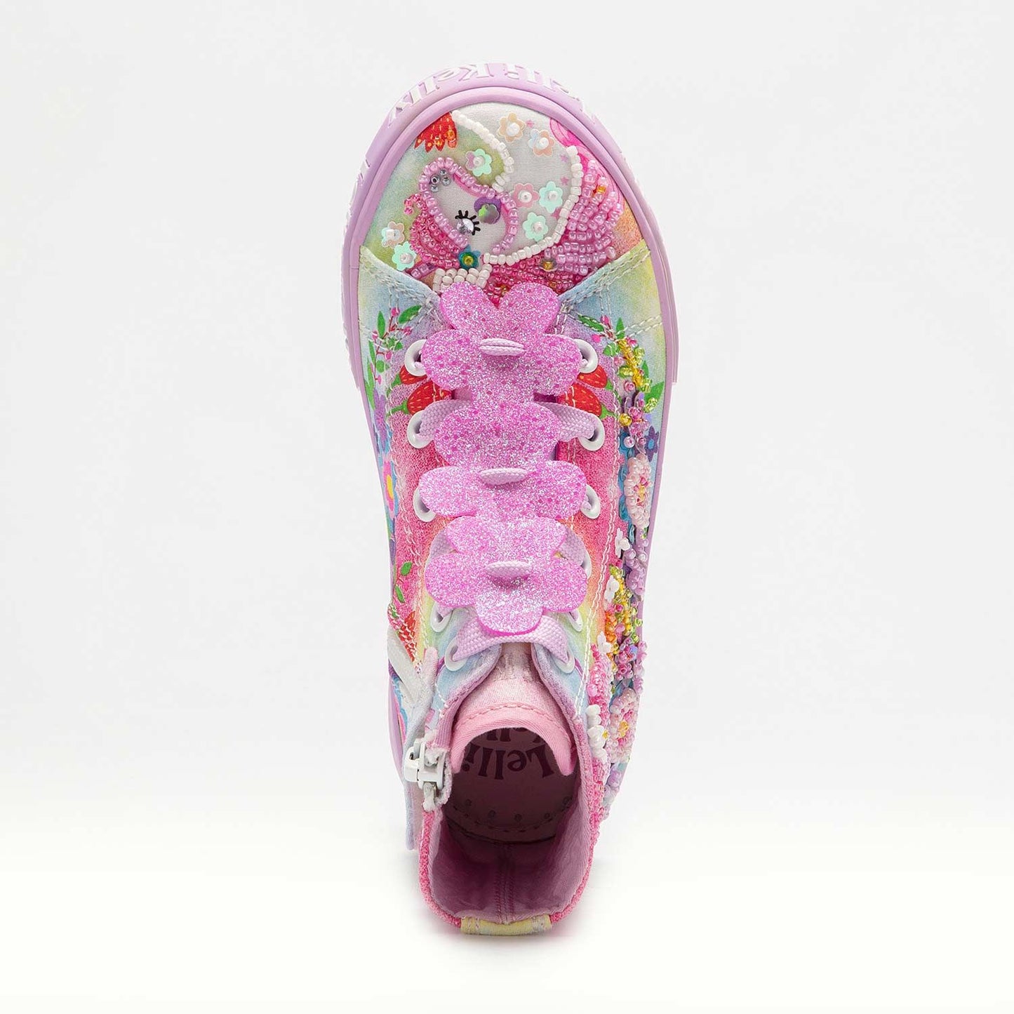 A girls hi top boot by Lelli Kelly, style Unicorn, in pink multi with zip and lace fastening. Above view.