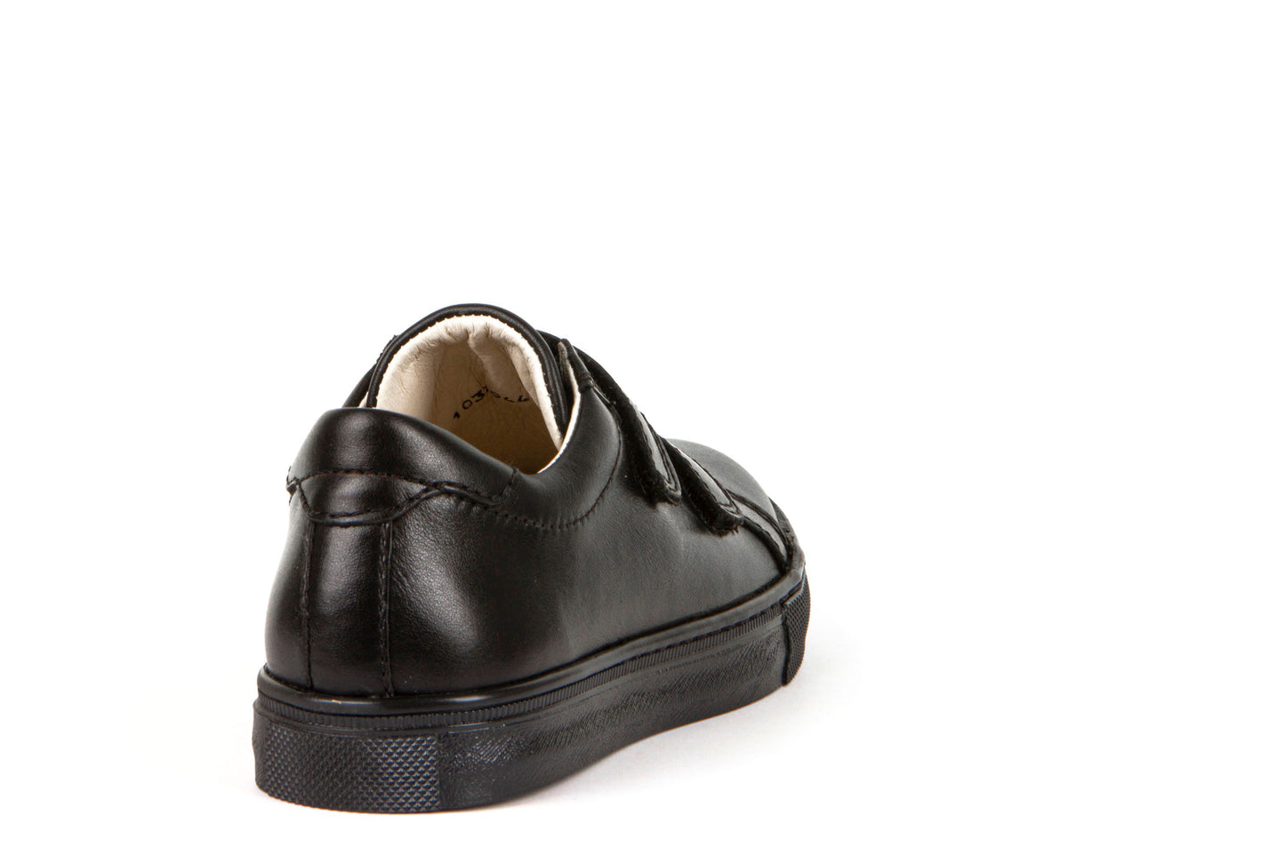 A boys school shoe by Froddo, style Morgan D in black with velcro fastening. Back view.